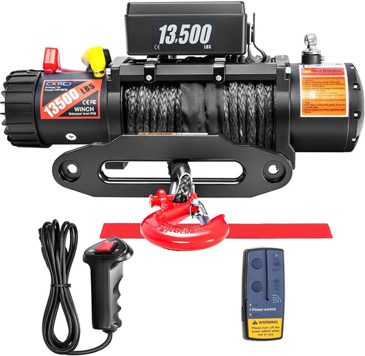 12V Electric Winch,13500Lbs Load Capacity Synthetic Rope Towing Winches for Jeep Truck Suv,With Wired Handle and Wireless Remote