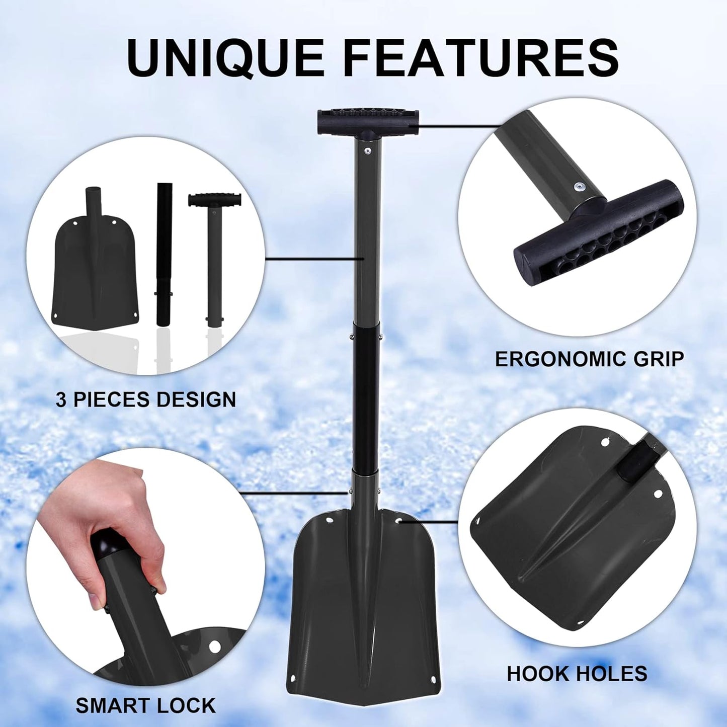 32.5 Inch Folding Emergency Snow Shovel 3 Piece Aluminum Lightweight Portable Sport Utility Shovel for Car Trunk Camping Garden Beach, Black