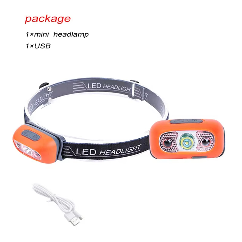 Mini Headlamp USB Rechargeable Head Light with Wave Sensor Flashlight Outdoor Lighting Lamp for Camping Hiking Emergency Usage