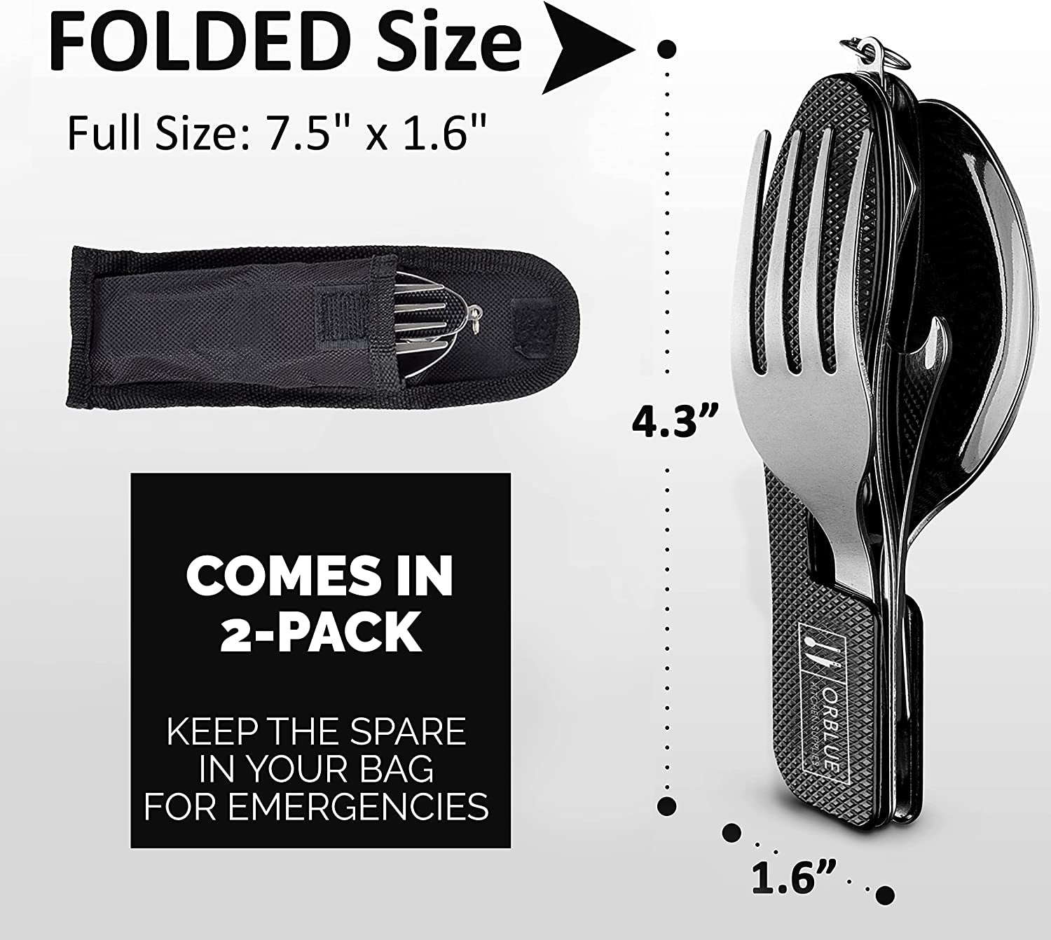 4-In-1 Camping Utensils, 2-Pack - Portable Stainless Steel Spoon, Fork, Knife & Bottle Opener Combo Set - Travel, Backpacking Cutlery Multitool, Blue