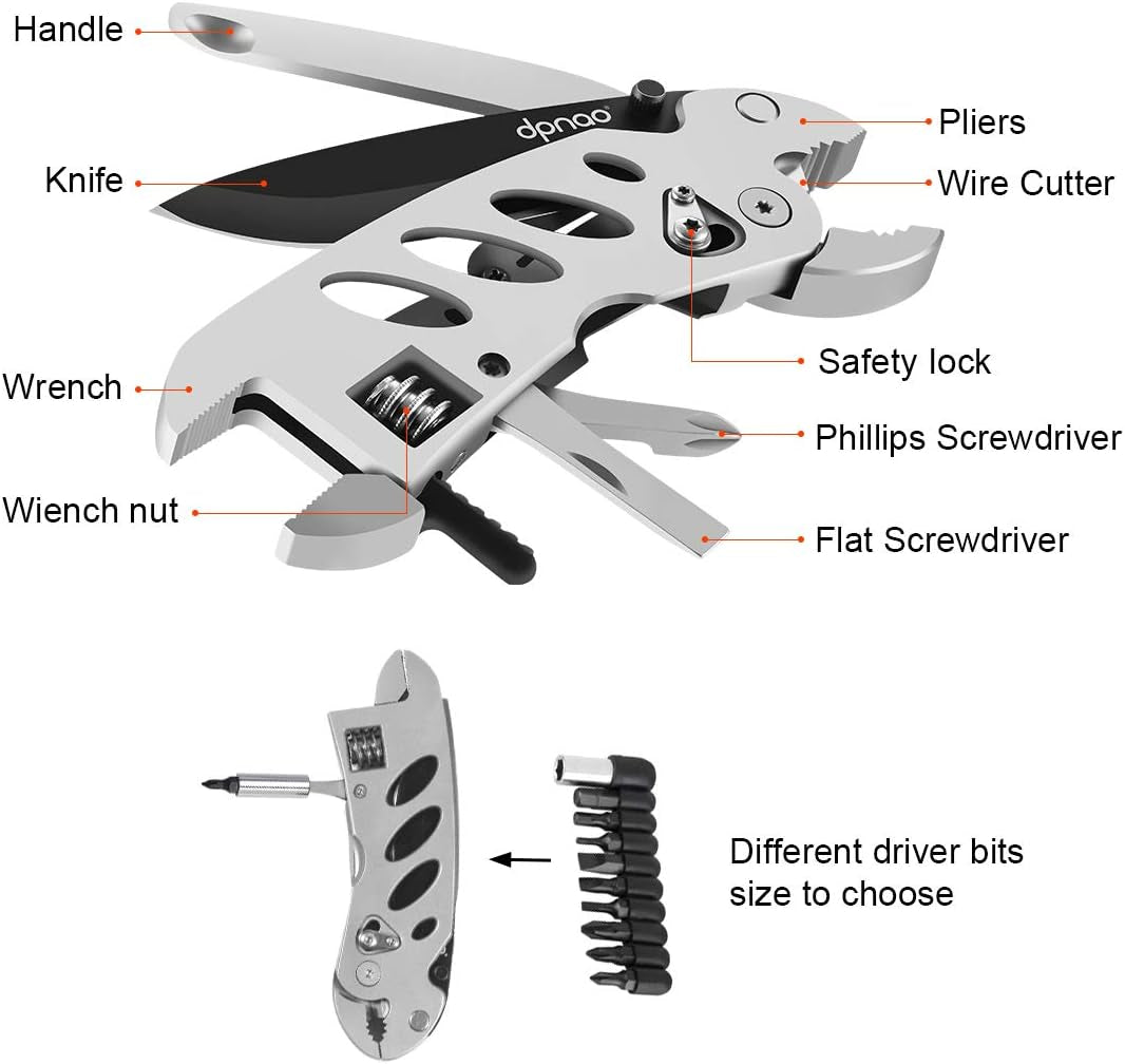 Multitool Wrench with 7 Tools/Pliers/Wire Cutter/Flat Screwdriver/Phillips Screwdriver/Portable Folding Multifunctional Adjustable Multi Purpose Stainless Steel Tool