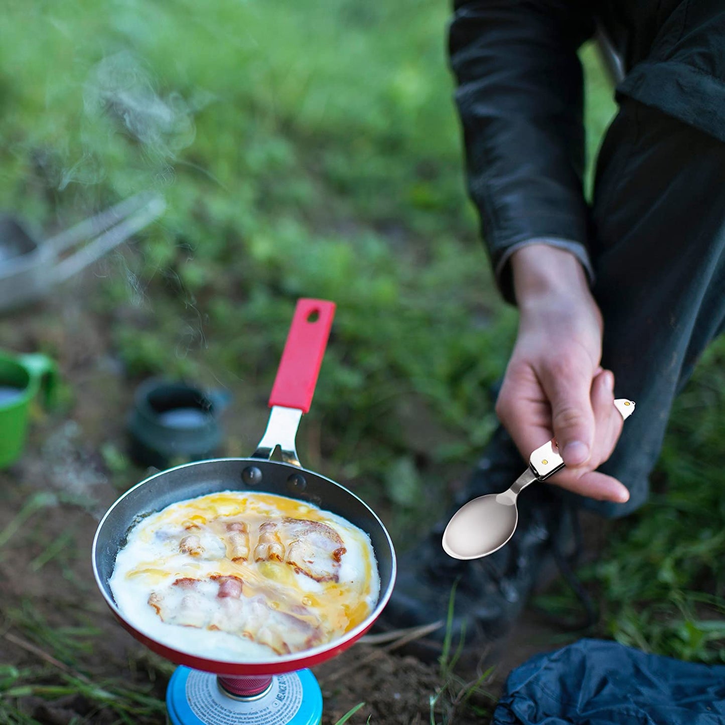 4-In-1 Camping Utensils, 2-Pack - Portable Stainless Steel Spoon, Fork, Knife & Bottle Opener Combo Set - Travel, Backpacking Cutlery Multitool, Blue