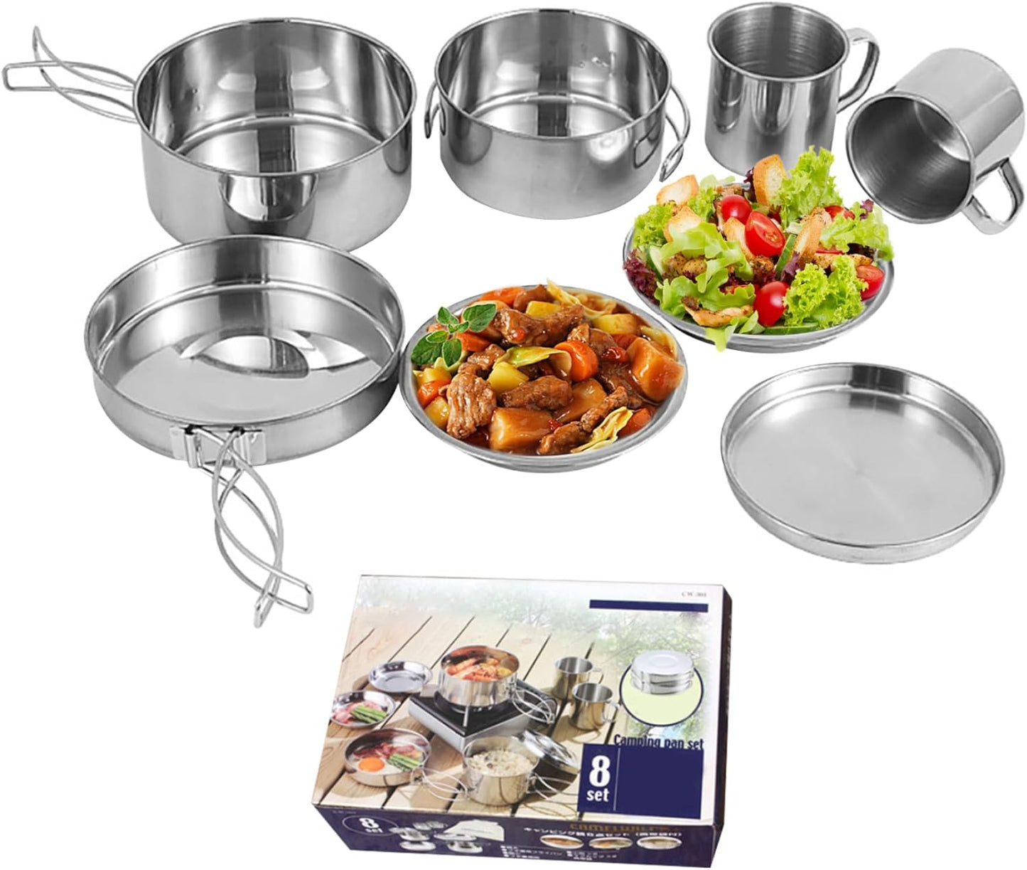 Camping Cooking Set 8PCS Stainless Steel Camping Cookware Portable Cooking Pot and Pan Set with Plates Cups for 5-6 Adults Outdoor Hiking Picnic BBQ Mess Kits