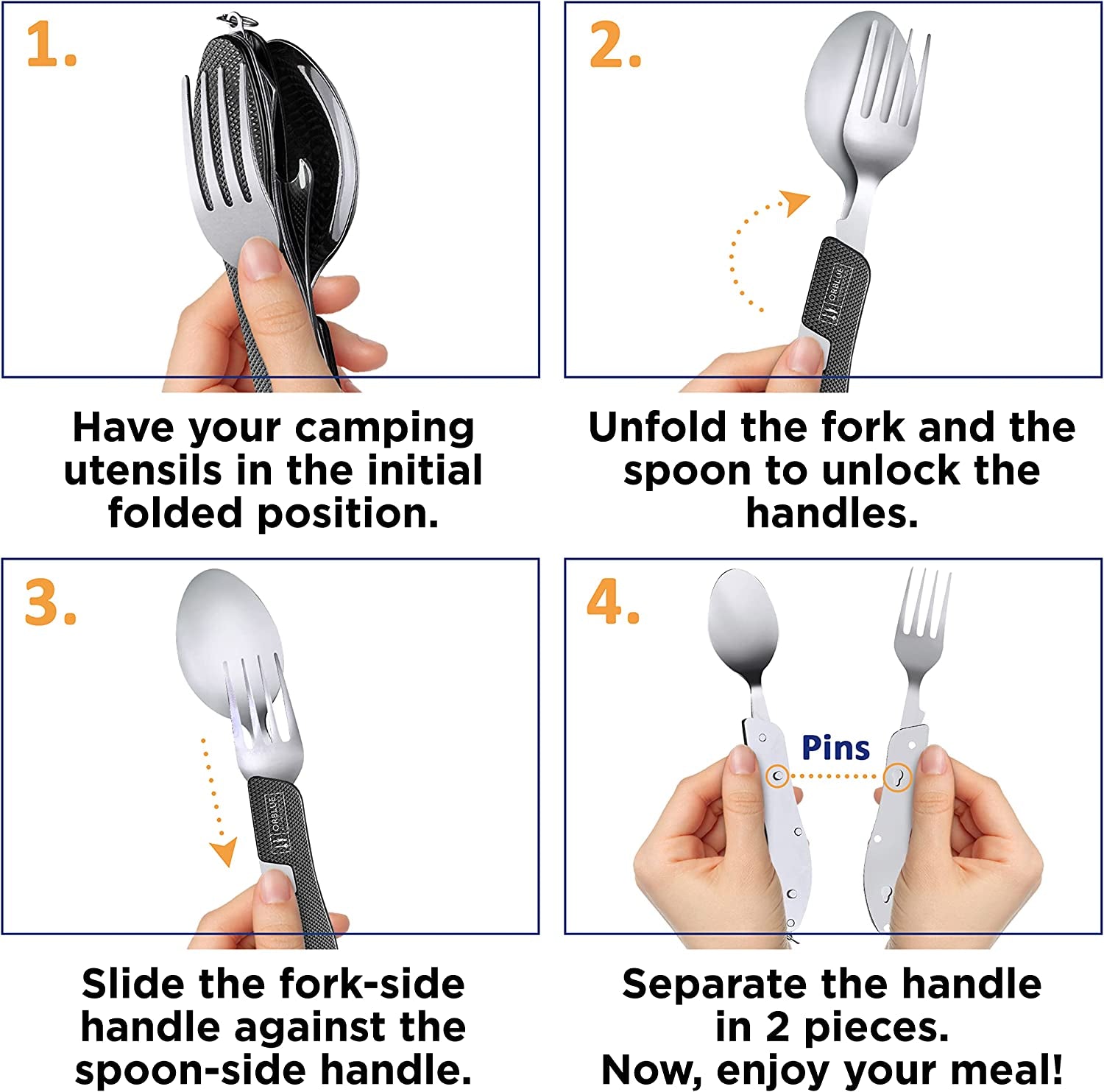 4-In-1 Camping Utensils, 2-Pack - Portable Stainless Steel Spoon, Fork, Knife & Bottle Opener Combo Set - Travel, Backpacking Cutlery Multitool, Blue