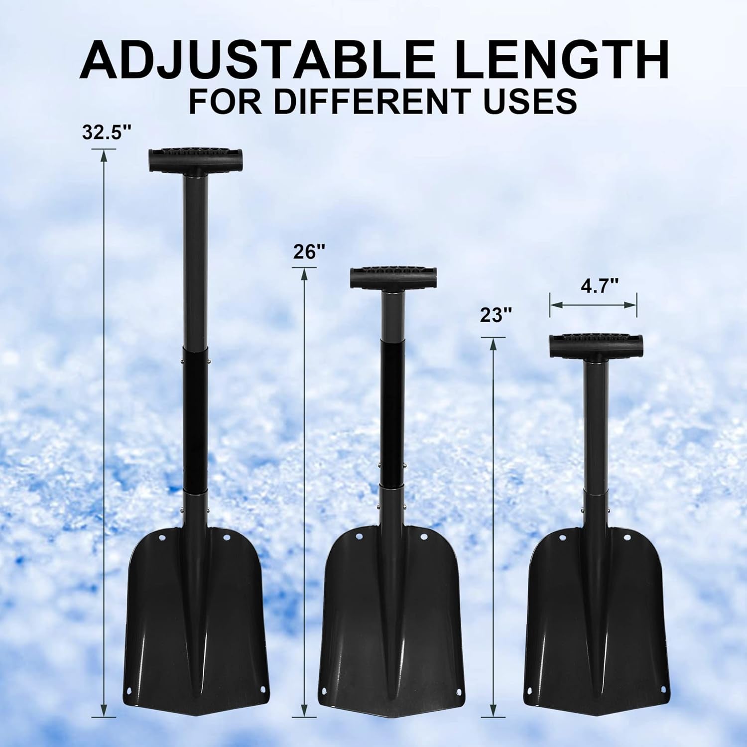 32.5 Inch Folding Emergency Snow Shovel 3 Piece Aluminum Lightweight Portable Sport Utility Shovel for Car Trunk Camping Garden Beach, Black