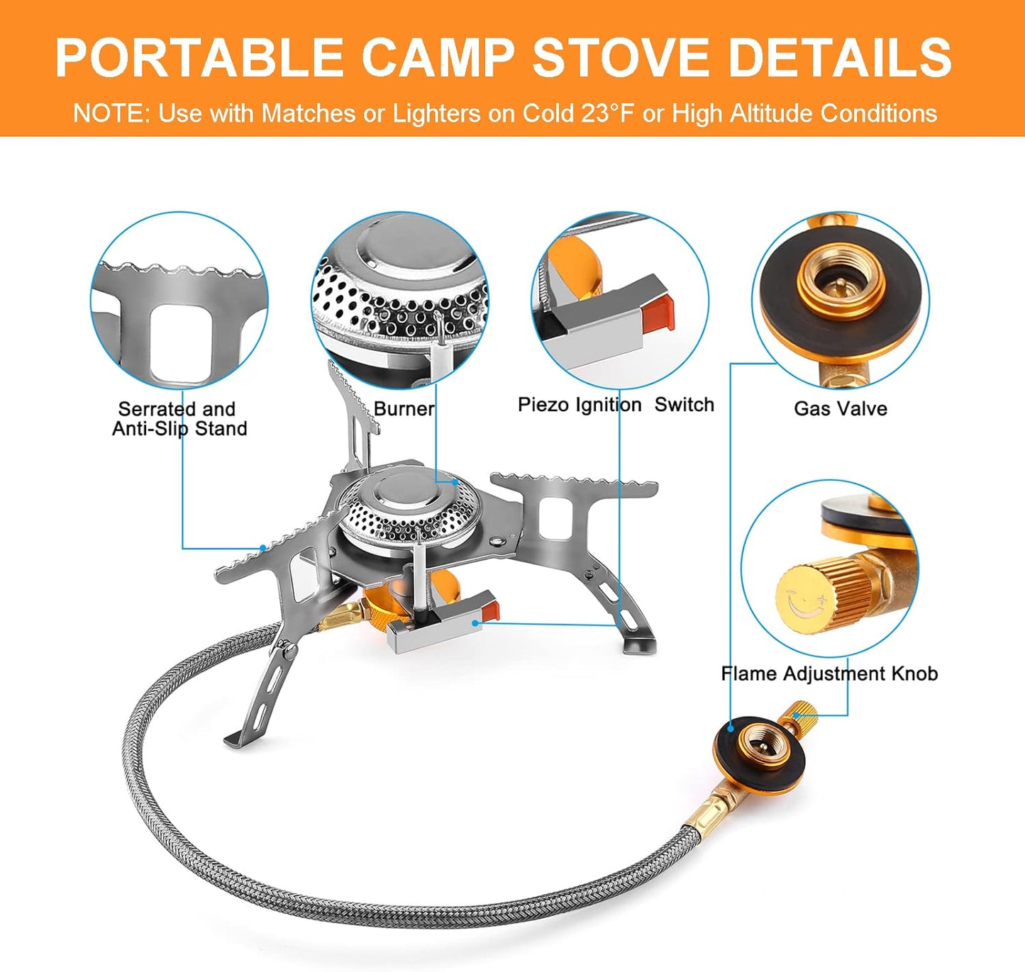 Camping Gas Stove, 3700W Portable Backpacking Stove with Piezo Ignition, Portable Burner, Camping Stove Adapter and Carrying Case for Outdoor Cooking