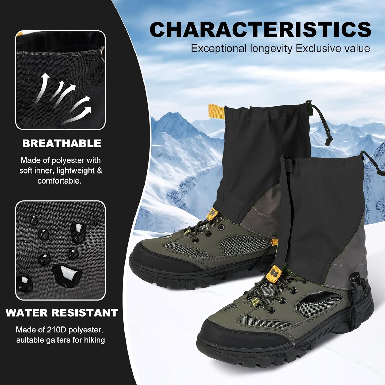 Gators for Hiking Boots and Shoes, Lightweight Adjustable Leg Gaiters for Men Women, Waterproof Hiking Gaiters for Snow,Trail Running,Hiking,Hunting,Walking, Skiing,Snowshoeing,Mountain Climbing