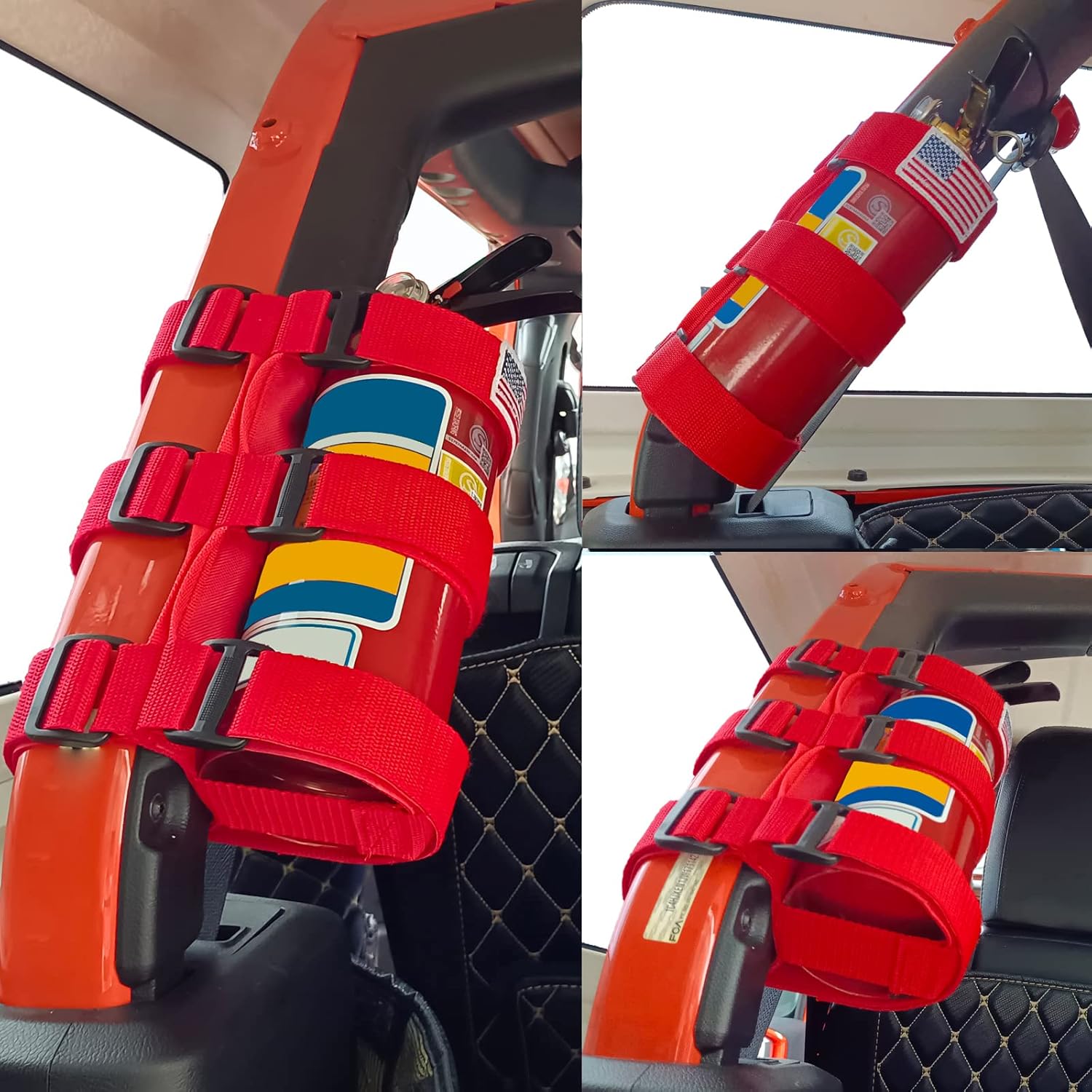 Fire Extinguisher Holder Roll Bar Adjustable Strap Brackets Fits for Jeep Wrangler Unlimited CJ YJ TJ LJ JK JKU JL Jlu,Red with USA Flag Pattern