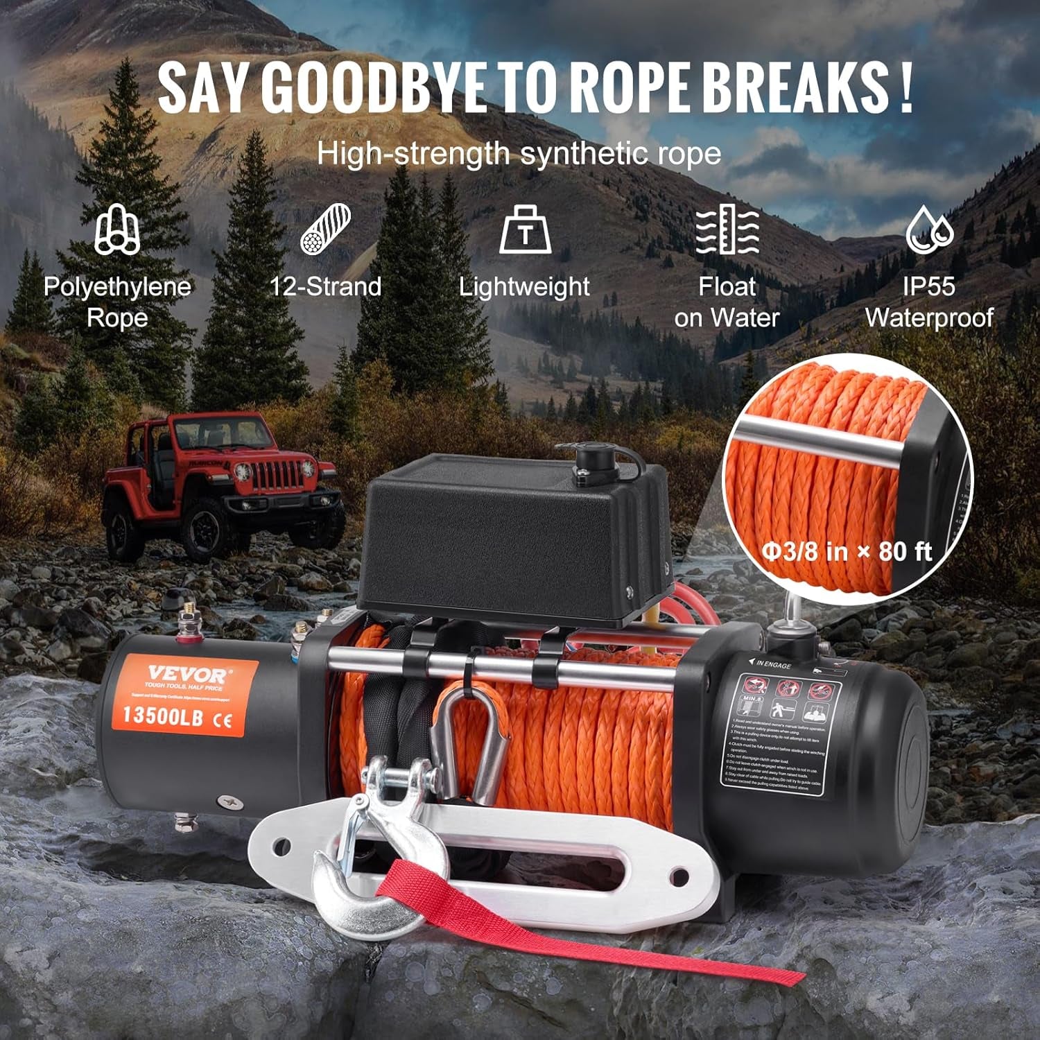 13,500 Lb Electric, Truck Winch 12V DC 3/8 in X 80 Ft Synthetic Rope Aluminum Fairlead Wireless & Wired Remote Control, 13500 Lbs, IP55 Waterproof Towing for off Road Jeep SUV Boat