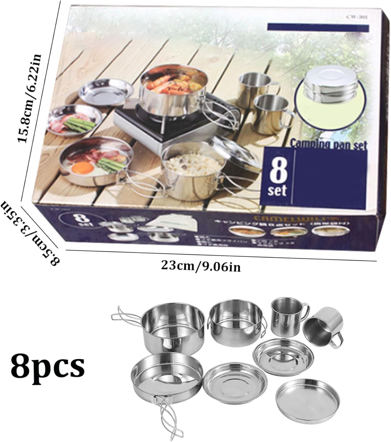 Camping Cooking Set 8PCS Stainless Steel Camping Cookware Portable Cooking Pot and Pan Set with Plates Cups for 5-6 Adults Outdoor Hiking Picnic BBQ Mess Kits