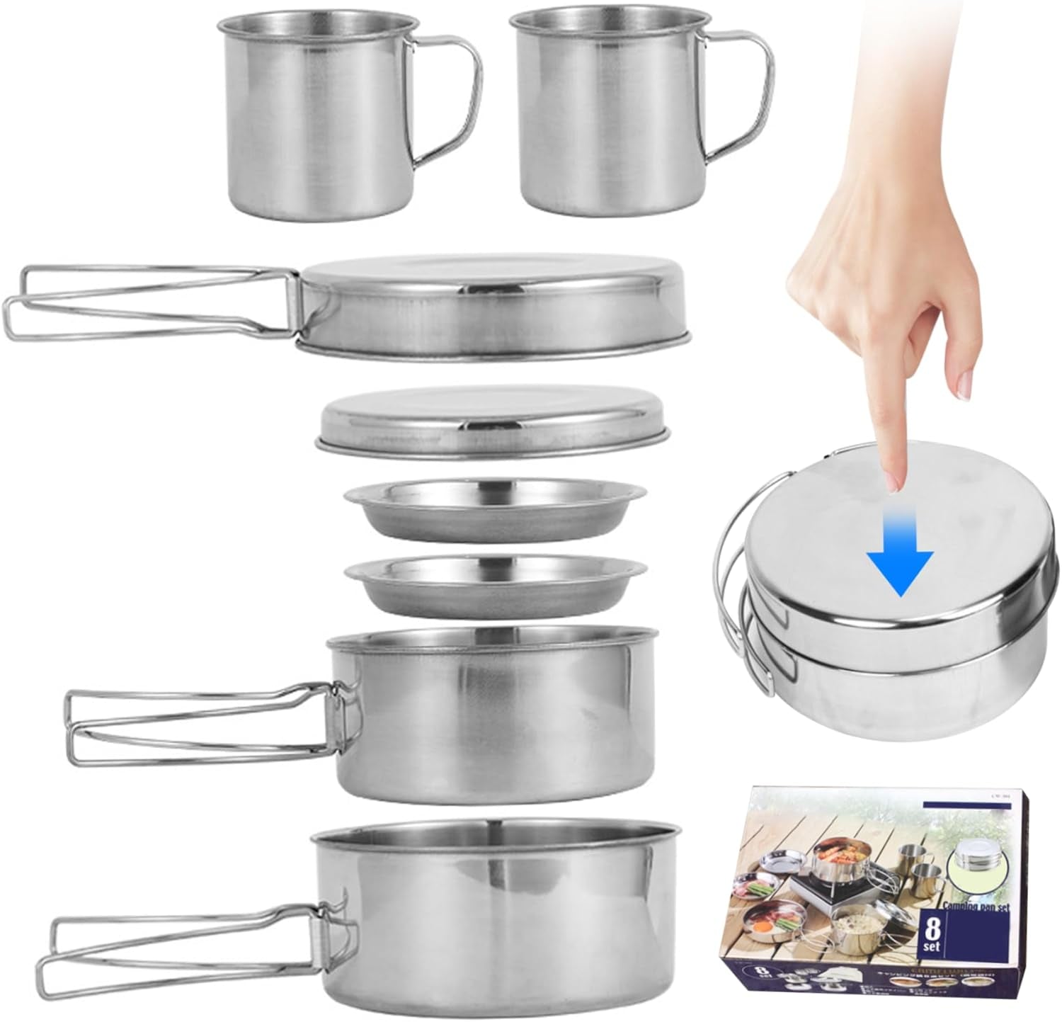 Camping Cooking Set 8PCS Stainless Steel Camping Cookware Portable Cooking Pot and Pan Set with Plates Cups for 5-6 Adults Outdoor Hiking Picnic BBQ Mess Kits