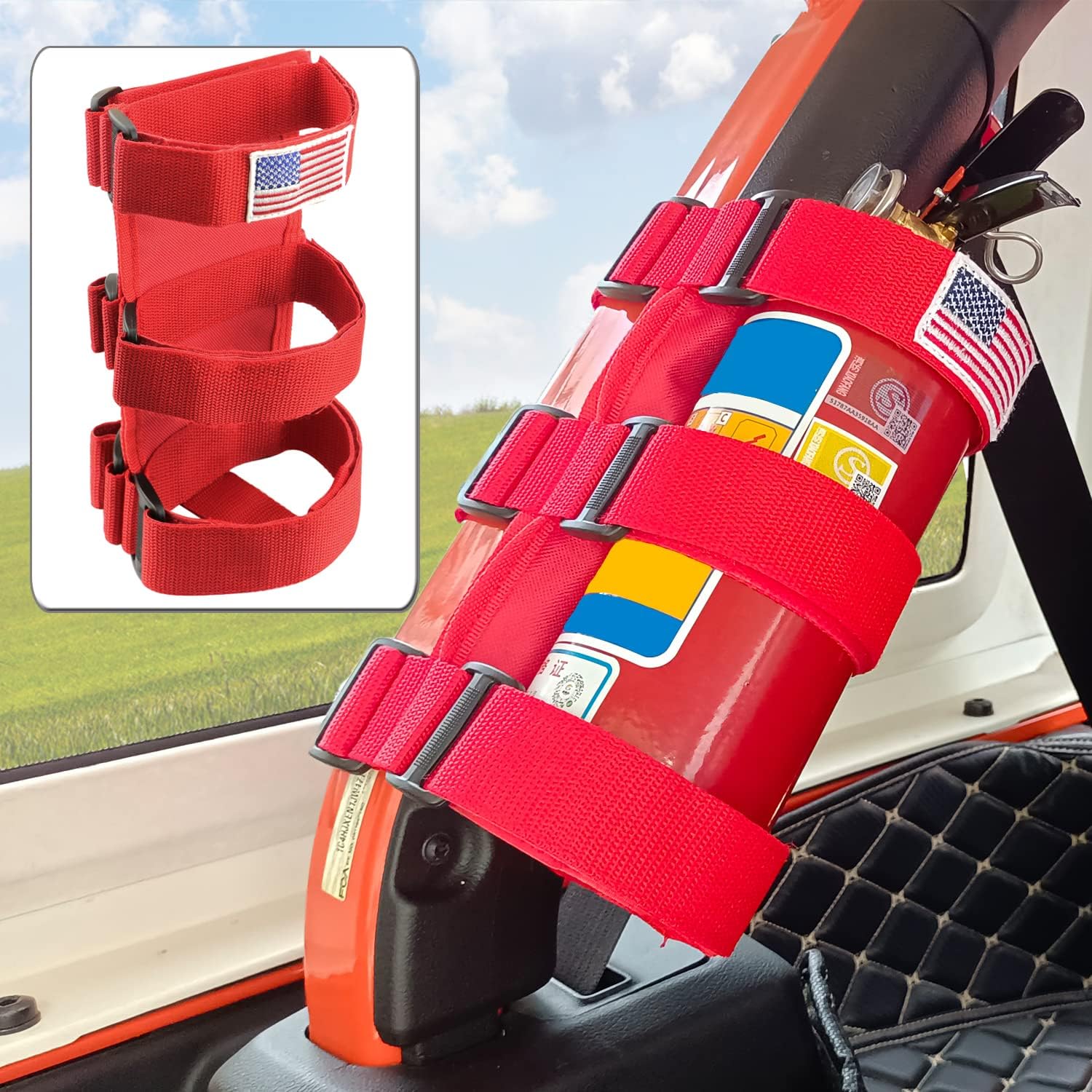 Fire Extinguisher Holder Roll Bar Adjustable Strap Brackets Fits for Jeep Wrangler Unlimited CJ YJ TJ LJ JK JKU JL Jlu,Red with USA Flag Pattern