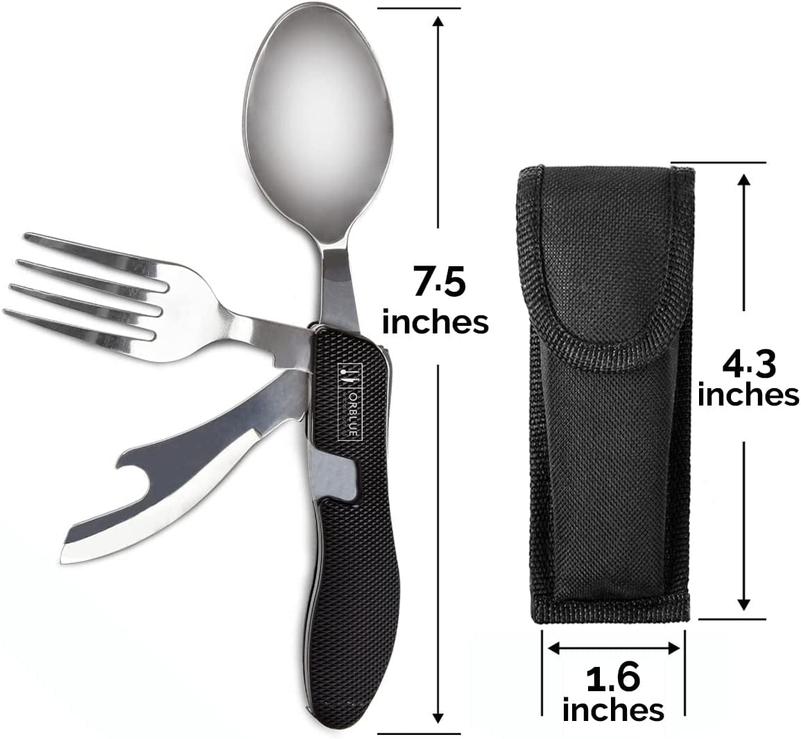 4-In-1 Camping Utensils, 2-Pack - Portable Stainless Steel Spoon, Fork, Knife & Bottle Opener Combo Set - Travel, Backpacking Cutlery Multitool, Blue