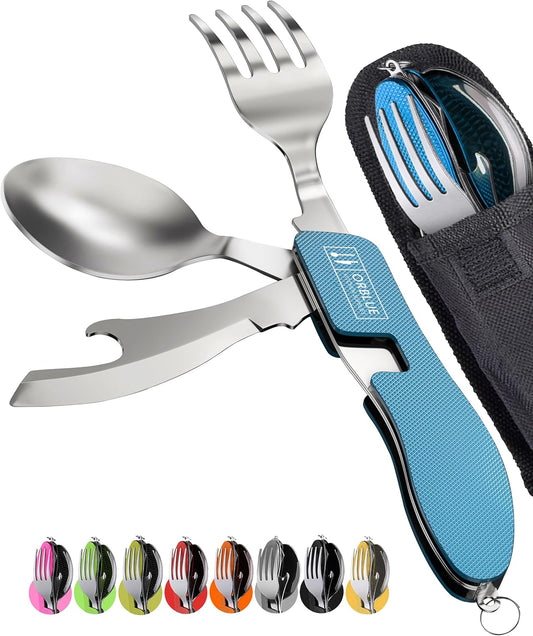 4-In-1 Camping Utensils, 2-Pack - Portable Stainless Steel Spoon, Fork, Knife & Bottle Opener Combo Set - Travel, Backpacking Cutlery Multitool, Blue