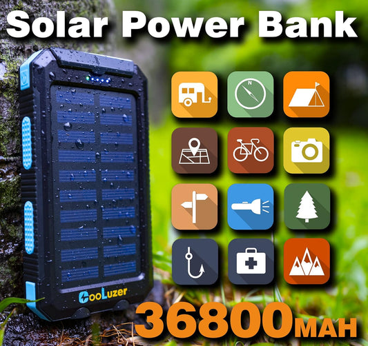 Solar Power Bank 36800Mah, Solar Charger Power Bank with 18W PD 5V 3.1A Outputs, IP67 Waterproof, Grade A+ Battery with LED Flashlight and Compass, Perfect Camping Gear Accessory for Outdoor (Blue)