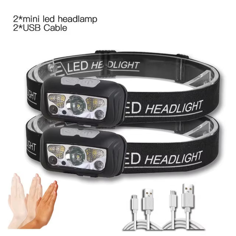 Mini Headlamp USB Rechargeable Head Light with Wave Sensor Flashlight Outdoor Lighting Lamp for Camping Hiking Emergency Usage