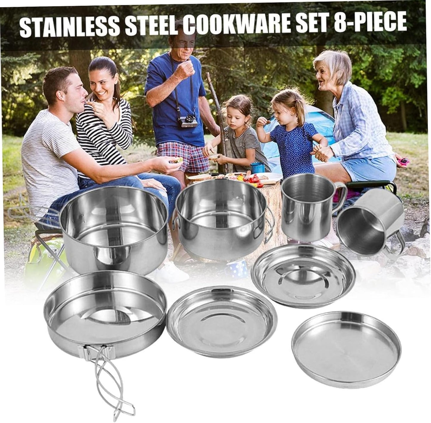 Camping Cooking Set 8PCS Stainless Steel Camping Cookware Portable Cooking Pot and Pan Set with Plates Cups for 5-6 Adults Outdoor Hiking Picnic BBQ Mess Kits