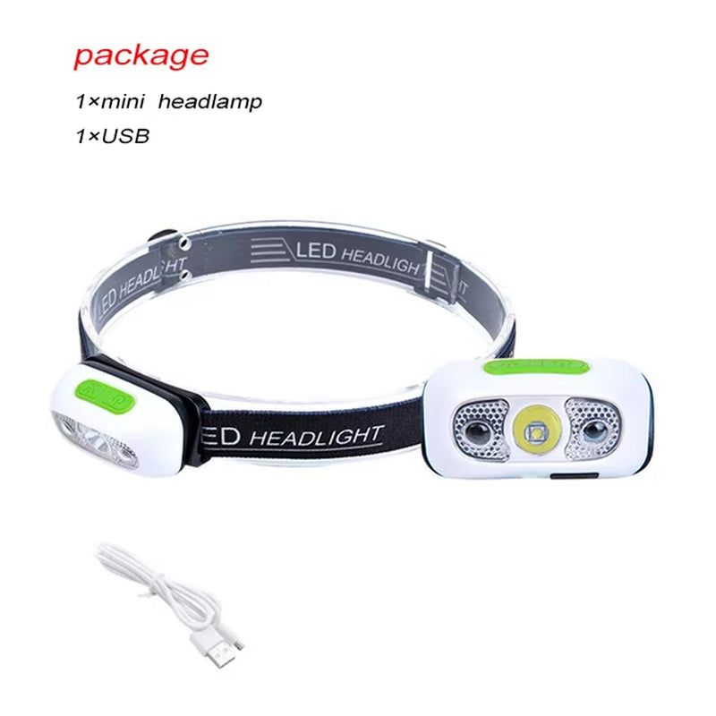 Mini Headlamp USB Rechargeable Head Light with Wave Sensor Flashlight Outdoor Lighting Lamp for Camping Hiking Emergency Usage