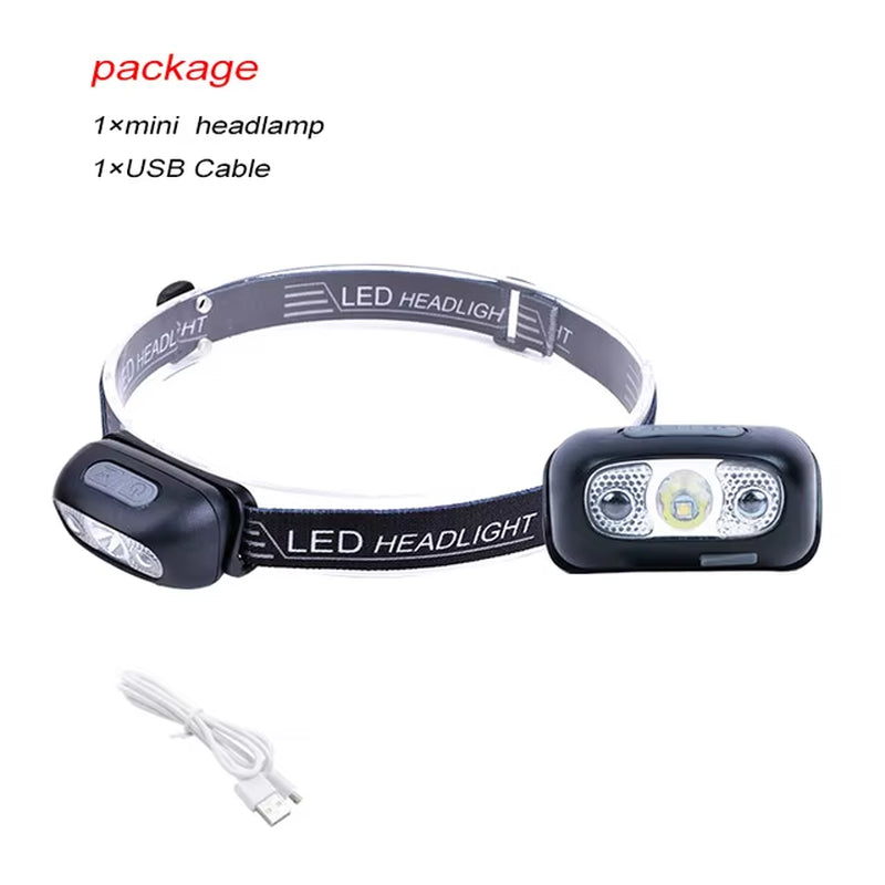 Mini Headlamp USB Rechargeable Head Light with Wave Sensor Flashlight Outdoor Lighting Lamp for Camping Hiking Emergency Usage