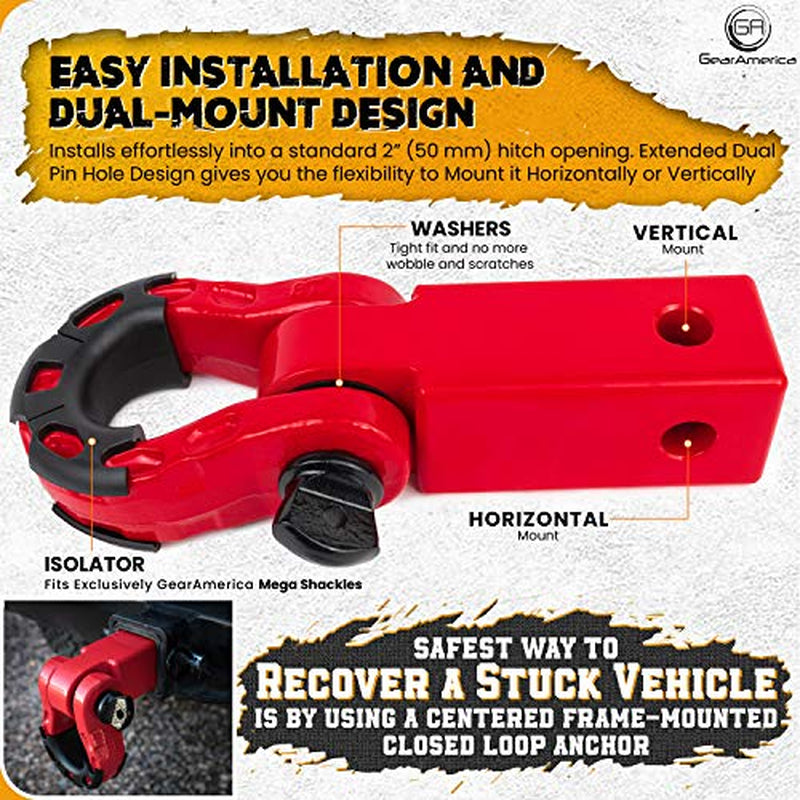 Heavy Duty Aluminum 2"X 2" Hitch Receiver with Mega Shackle®(Red) | 32,000 LBS MBS (16,000 LBS WLL)