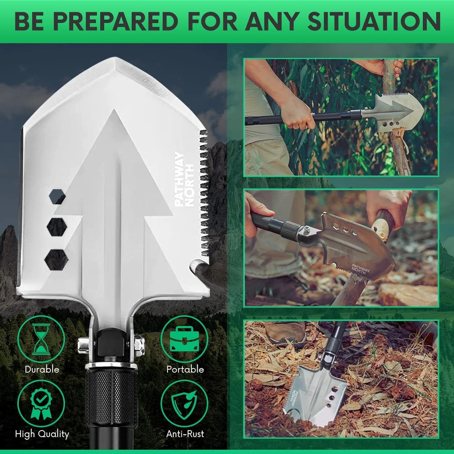 Survival Shovel Stainless Steel Folding Multi-Tool Survival Flashlight – Equipment for Outdoor Hiking Camping Gear, Hunting, Backpacking Emergency Kit