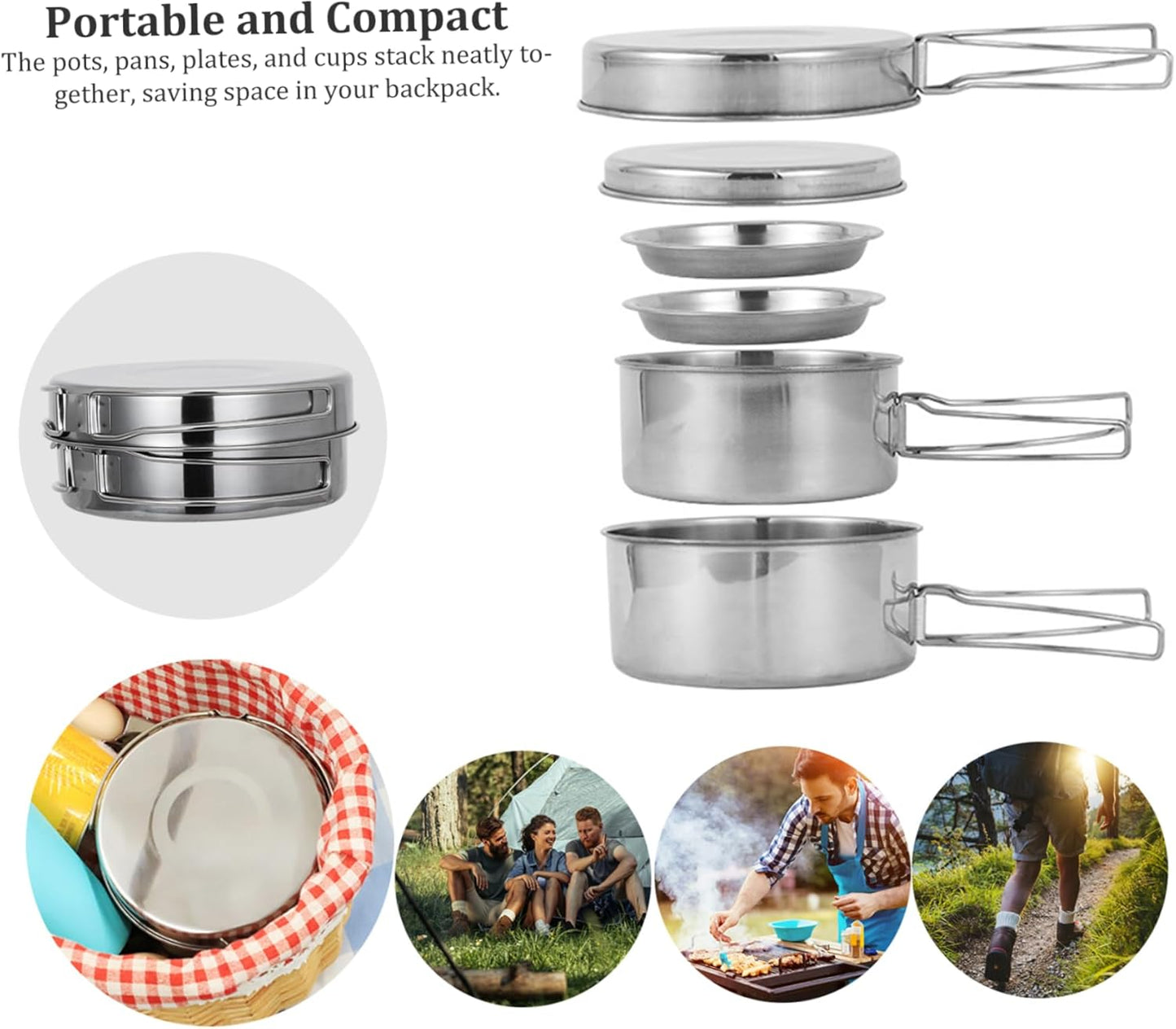 Camping Cooking Set 8PCS Stainless Steel Camping Cookware Portable Cooking Pot and Pan Set with Plates Cups for 5-6 Adults Outdoor Hiking Picnic BBQ Mess Kits