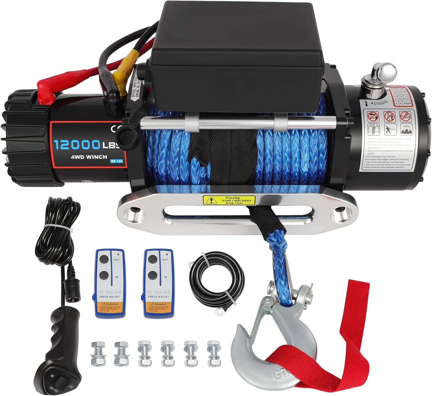 12000LBS Electric Winch Kit, ATV UTV Winch Truck Winch, 12V Winch Synthetic Rope Winch, with 2X Wireless Remote Controller & Hand Controller & Control Box Assembly & Aluminum Fairlead