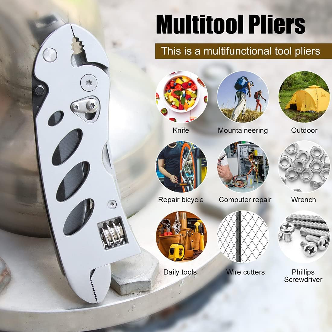 Multitool Wrench with 7 Tools/Pliers/Wire Cutter/Flat Screwdriver/Phillips Screwdriver/Portable Folding Multifunctional Adjustable Multi Purpose Stainless Steel Tool