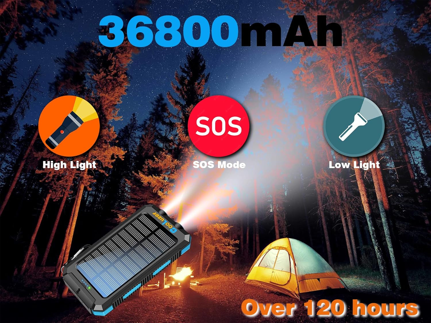 Solar Power Bank 36800Mah, Solar Charger Power Bank with 18W PD 5V 3.1A Outputs, IP67 Waterproof, Grade A+ Battery with LED Flashlight and Compass, Perfect Camping Gear Accessory for Outdoor (Blue)