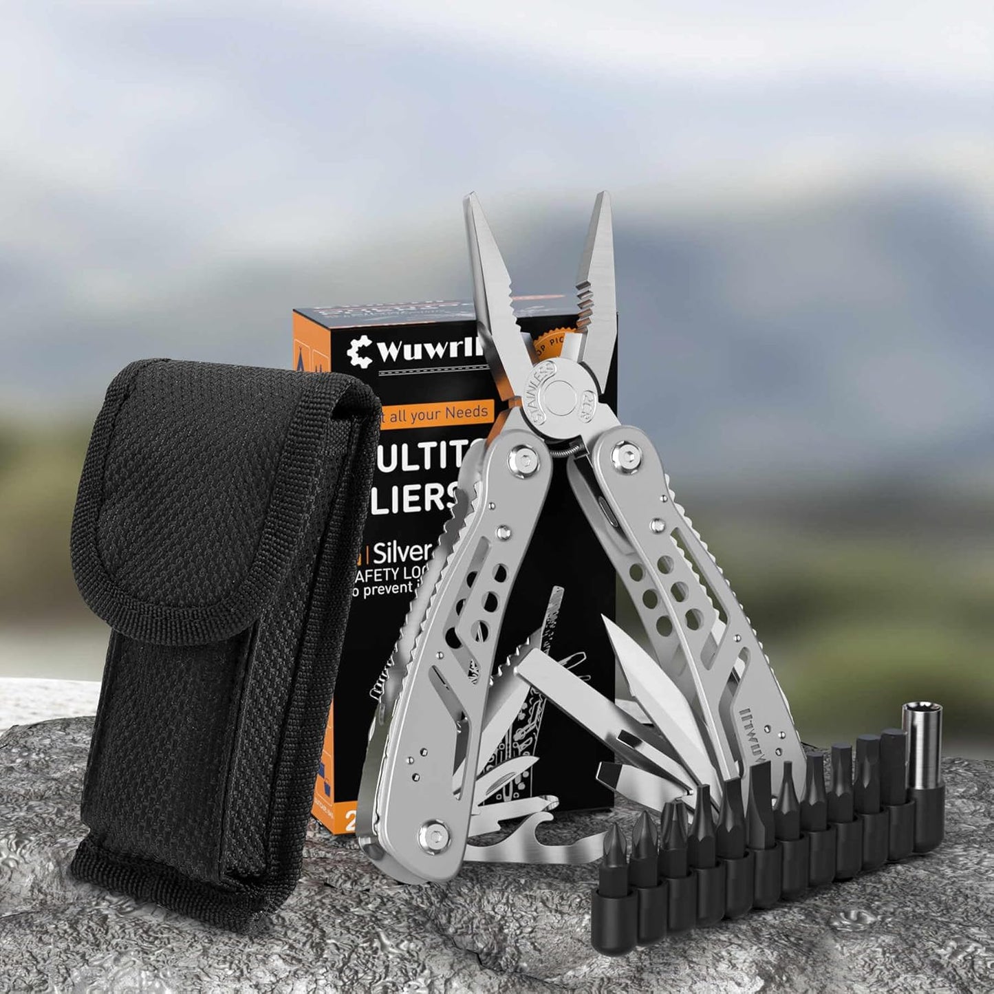 26-In-1 Multitool，Professional Stainless Steel Multi Tools ，Multitool Pliers Pliers Pocket Knife with Heavy Duty Pliers Screwdriver Sleeve, Replaceable Bits Multitools for Outdoor, (Silvery)