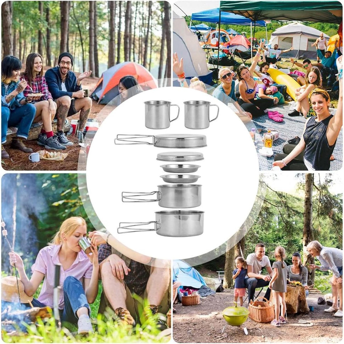 Camping Cooking Set 8PCS Stainless Steel Camping Cookware Portable Cooking Pot and Pan Set with Plates Cups for 5-6 Adults Outdoor Hiking Picnic BBQ Mess Kits