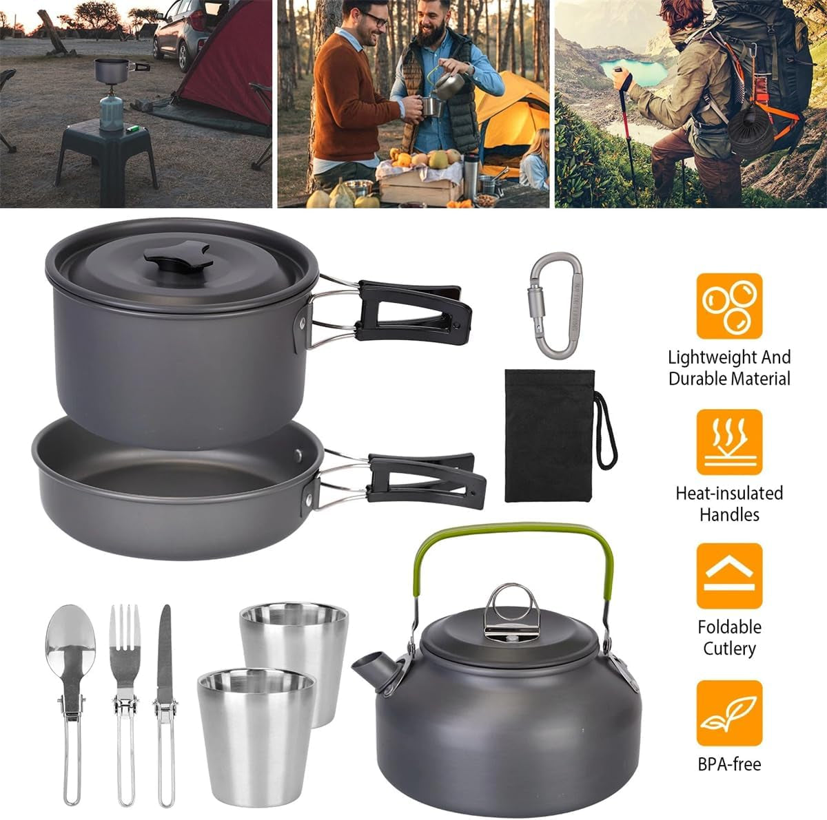 Camping Cookware Set Camping Gear, 12Pcs Durable Aluminum Pot Pans Kit, Compact Outdoor Backpacking Hiking Picnic Stove Set, Hard Alumina Cooking for Camping Adventure